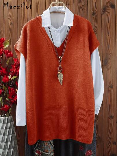 Plus Size Women Plus Size Pullover Sweater, Casual Comfortable V-Neck Sleeveless Knit Top