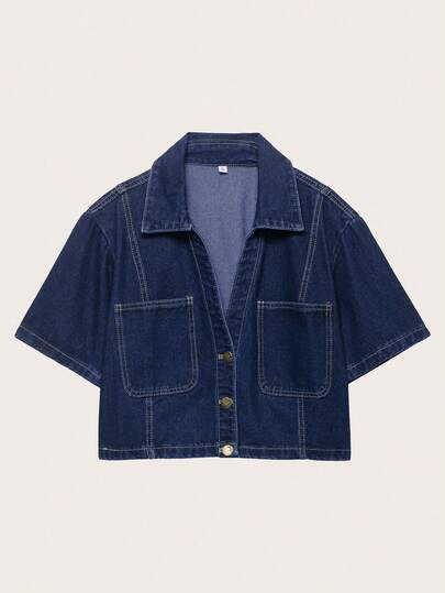 女士短袖单排扣口袋休闲牛仔衬衫，春夏款