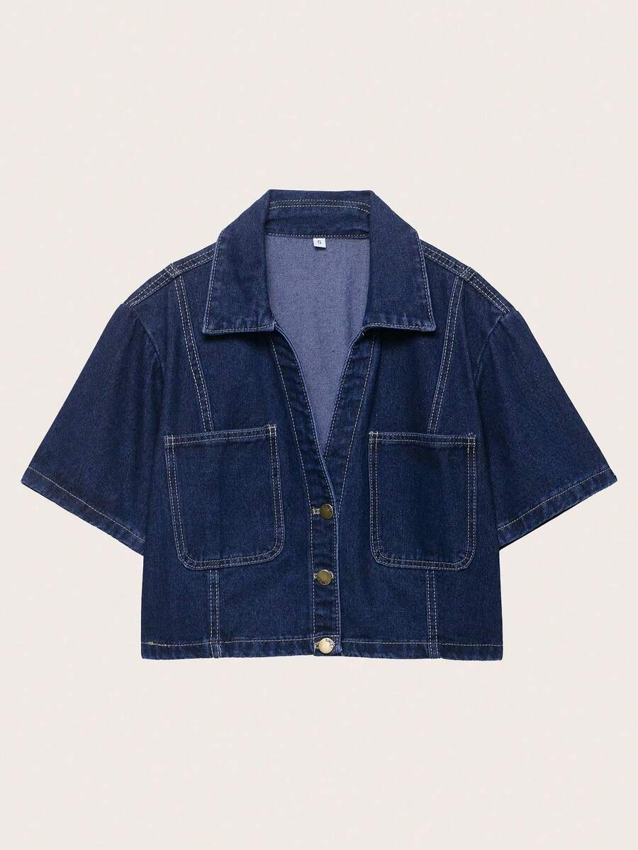 女士短袖单排扣口袋休闲牛仔衬衫，春夏款 - 深色水洗藍 - 查看 1