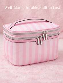 Cute Pink & White Stripe Makeup Bag With Compartments,Nylon Travel Essentials Cosmetic Bag Organizer Toiletry Bag For Women Girls, Simple Pink Portable Storage Bag With Four Different Sizes To Choose From, Suitable For Home Storage, Cosmetics Storage, Cute Appearance, Suitable As A Gift - 手持雙層(粉紅色) - 查看 7