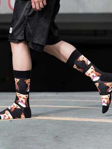 1双男女通用黑色比特犬印花透气可爱中筒袜，适合日常穿着和宠物爱好者，四季皆宜。 - 彩色 - 查看 3