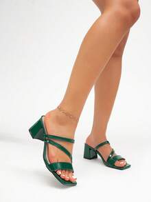 Sandal nữ màu xanh lá cây bằng da PU, hở mũi, đế dày, dễ phối đồ, phù hợp đi làm, công sở, dự tiệc, công tác, mùa xuân/hè. - Màu xanh lá cây đậm - Xem 4