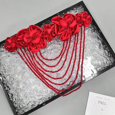 1pc Satin Crystal Beaded 3D Floral Decor Shoulder Brooch, Dress, Bag, Hat Accessory, Handmade Fabric Flower Hair Clip, Crystal Tassel Shoulder Corsage, Multi-Color Sequin Pearl Trim Sewing Supplies