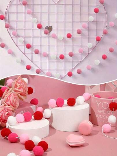 One Set Of Pink Pom-Pom Wreaths, Perfect For Wedding Room Wall Decoration (Red, White, And Pink), Bedroom Or Living Room Decoration, Felt Pom-Pom Decorations, Ideal For A Romantic Pink Atmosphere, And Home Decor.