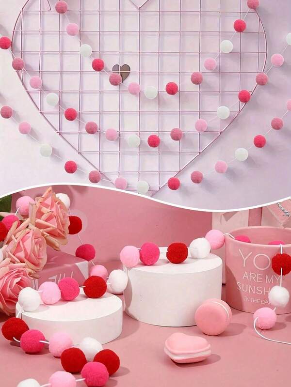 一套粉色绒球花环，非常适合婚礼房间墙壁装饰（红色、白色和粉色），卧室或客厅装饰，毛毡绒球装饰，是营造浪漫粉色氛围和家居装饰的理想之选。