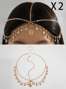 1. 时尚简约合金心形流苏钻石基础款链条发带，适合女孩舞会礼物（手工切割，根据尺寸定制，心形流苏钻石数量不固定），准新娘，女士发饰 - 金色 - 查看 6