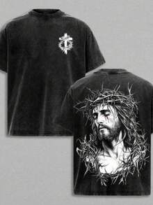 Crown Of Thorns Washed T-Shirt – Loose-Fitting Christian Graphic T-Shirt, Double-Sided Print Men's T-Shirt, Casual Short-Sleeved Style. - màu đen - Xem 1
