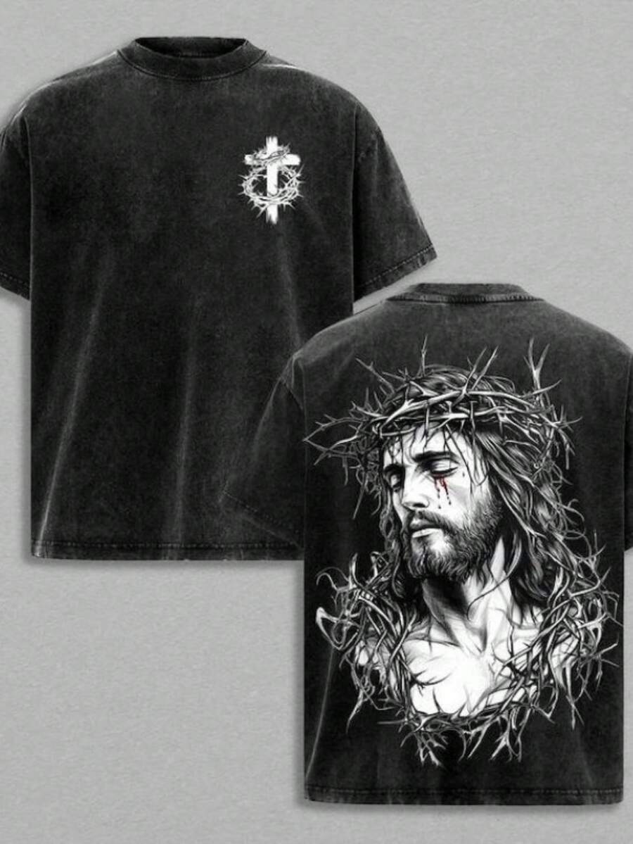 Crown Of Thorns Washed T-Shirt – Loose-Fitting Christian Graphic T-Shirt, Double-Sided Print Men's T-Shirt, Casual Short-Sleeved Style. - màu đen - Xem 1