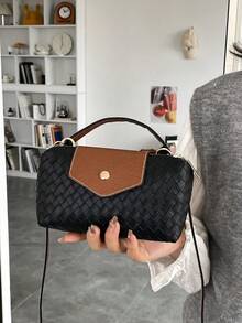 Women's Mini Handbag, Patchwork Color Block, Woven Texture, Crease Detail, Minimalist Shoulder Bag, Magnetic Snap Closure, Casual & Fashionable - Black - View 3