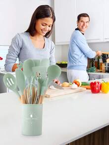 Meoky 12pcs Wooden Handle Silicone Kitchen Utensil Set, Heat Resistant Non-Stick Cooking & Baking Tools, Suitable For Kitchen - Green - Regular - View 6