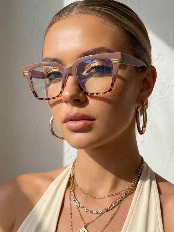 1 par de gafas con marco cuadrado de PC de color contrastante estilo retro para mujer, parte superior con estampado de té boba y parte inferior con estampado de leopardo, de moda y personalizadas