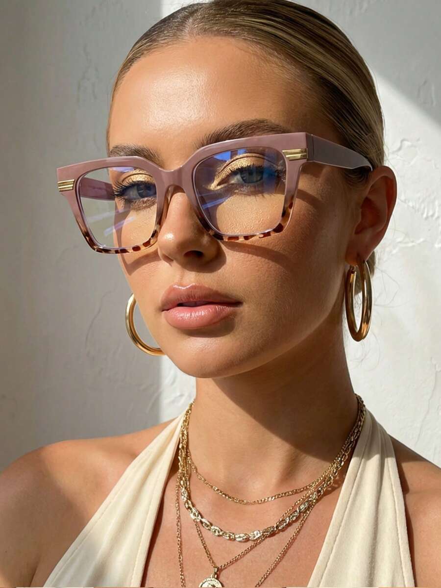 1 Pair Women's Retro Contrast Color Square PC Frame Glasses, Boba Tea Top & Leopard Print Bottom, Fashionable & Personalized - Multicolor - View 1