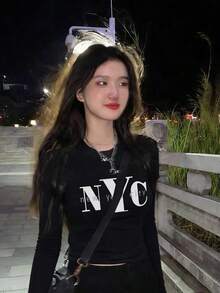 女士休闲字母卡通印花修身长袖T恤，春秋季 - 黑色 - 查看 2