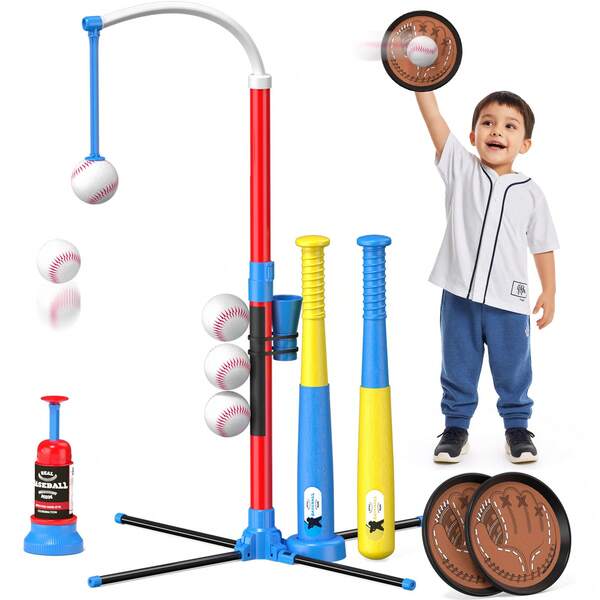  Juego de Tball 4 en 1 para niños pequeños de 3 a 5 años QDRAGON con juego de lanzar y atrapar pelota / 2 bates, soporte de camiseta ball colgante con máquina de lanzamiento automático, juguetes deportivos para interiores y exteriores, regalos de Navidad y cumpleaños para niños y niñas