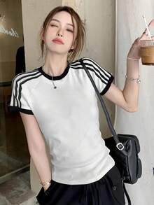 4-Stripe Women's Student White Simple Street Style Casual Commute Personalized Y2K Fitted Waist Sexy Round Neck Short Sleeve T-Shirt, Spring/Summer - White - View 1