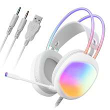 MARVO Over-Ear Gaming Headset - RGB Illuminated Earcups And Headband, Wired USB + 3.5mm Dual Plugs, 50mm Drivers, Dual Headband PU Ear Pads, External Microphone With Blue Light, Omnidirectional Microphone, Earcup Volume Control, Suitable For Gaming/Office/Study. - 白色 - 查看 8
