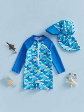 Toddler Baby Boy Swimsuit With Hat Cartoon Shark/Turtle Long Sleeve Rash Guard Zip-Up Bathing Suit For Beach Pool