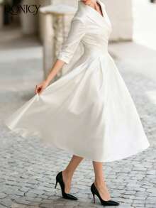 DONICY Đầm sơ mi dài tay cổ chéo sang trọng, ôm dáng dành cho nữ mùa thu/đông, chất liệu satin cao cấp, thích hợp cho hẹn hò, tiệc tùng, sự kiện kinh doanh và đi làm. - trắng - Xem 4