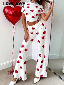 LOVE JOYY Women's Red Heart Print Two Pieces Set: A White Set Featuring A Cropped Top And Flared Pants, Perfect For Summer, Valentine's Day, Dates, And Parties - Grey - View 5
