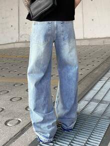 Men's Loose Fit Washed Faded Denim Jeans, Wide Leg Relaxed Gothic Rock Street Fashion Design, Suitable For All Seasons - Blue - View 7