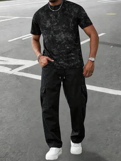 2pcs Spring/Summer Men's All-Over Print Loose T-Shirt And Straight Leg Pants Set, Casual Commuter Daily Wear, Fashionable Streetwear, Fitness, Outdoor, Jogging, Summer Trending, Vacation, Sports, Cargo Pants Set