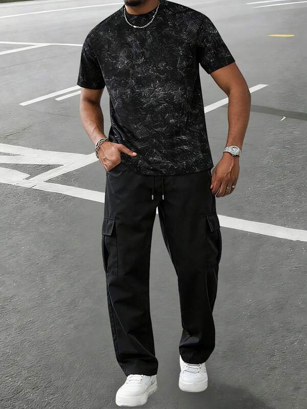 2pcs Spring/Summer Men's All-Over Print Loose T-Shirt And Straight Leg Pants Set, Casual Commuter Daily Wear, Fashionable Streetwear, Fitness, Outdoor, Jogging, Summer Trending, Vacation, Sports, Cargo Pants Set