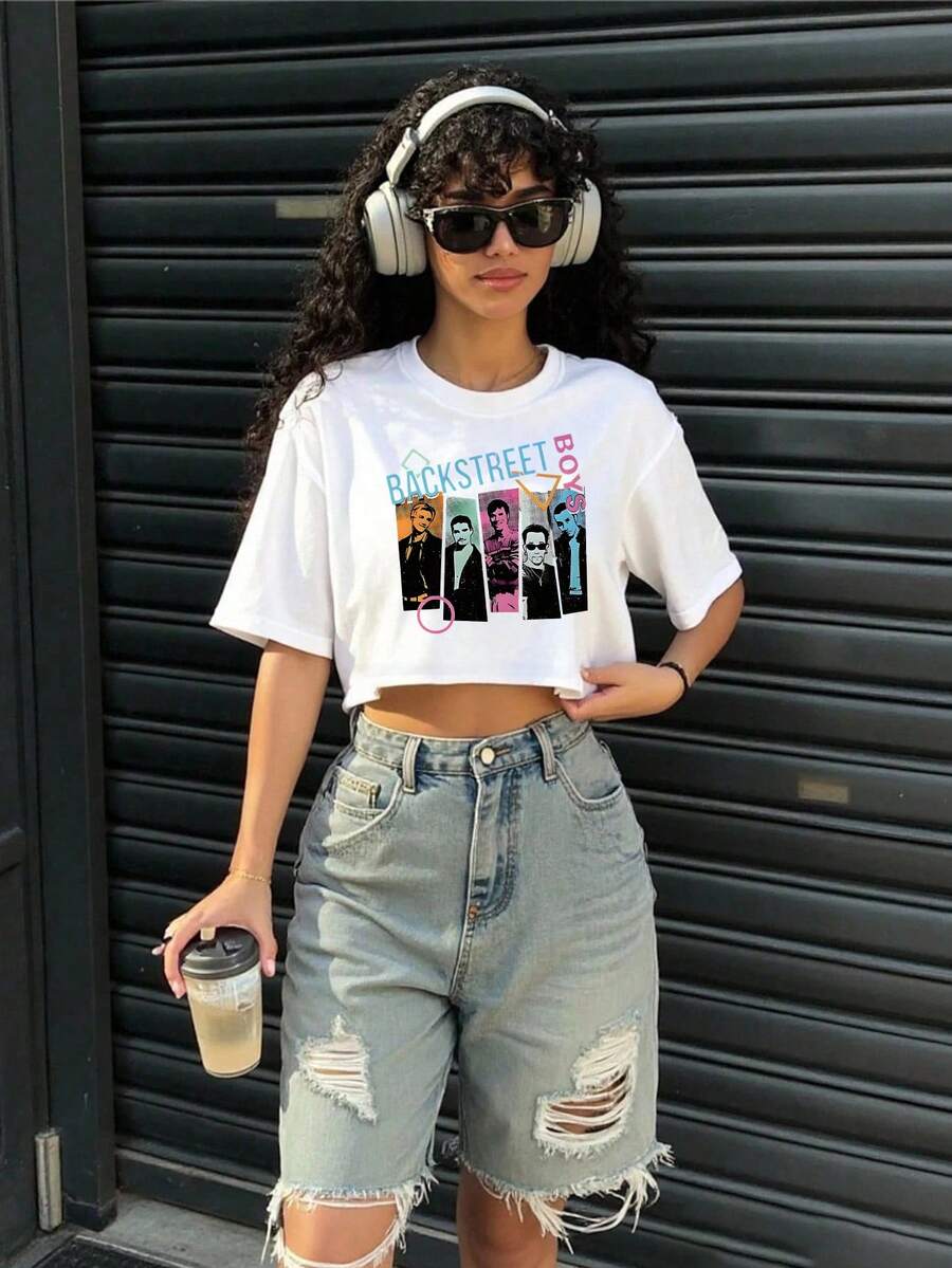 Backstreet Pop Art Print Crop Tank Top, Sleeveless Casual Top For Summer & Spring, Women's Clothing - trắng - Xem 1