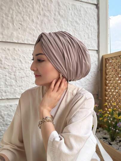 1pc Women's Classic Solid Color Chemo Turban Hat, High Elasticity & Pleated Design, Anti-Slip & Breathable, Multilayer Pleated Headscarf, Comfortable Soft Modal Knit Fabric, Suitable For Daily Wear With Hijab