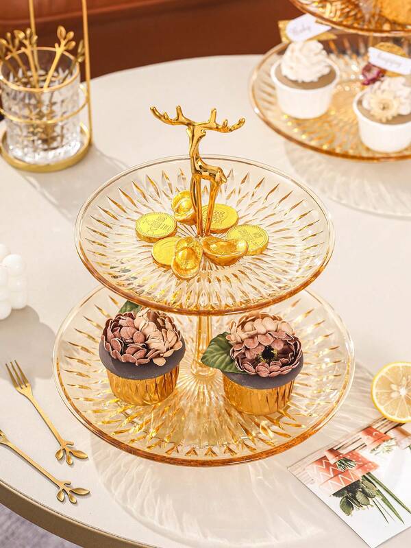 New Creative Champagne-Color 2-Tier Snack Cake Stand Tray, Suitable For Outdoor Party, Gift, Birthday, Patio