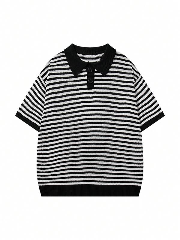 Spring/Summer New Half-Open Collar Color Block Striped Polo Shirt, Minimalist Unisex Style Short Sleeve Loose Comfortable Knit Top