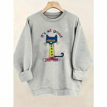 Plus Size, Women's Plus Size Loose Fit Crewneck Sweatshirt - Cute Pet1e The Cat Graphic & 'It's All Good' Text - Soft Everyday Lounge Wear, Holiday Outfits - Machine Washable Plus Size Tops For Women, Casual Wear, Playful Design, Comfortable Fabric, Vacation Clothing, Tr3ndy Print, Durable Construction, Long Sleeve Shirt, Relaxed Fit Clothing - 黑色4 - 查看 3