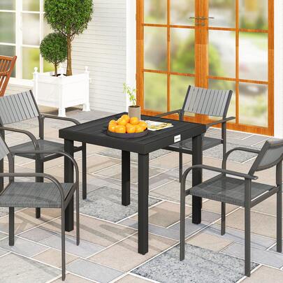 Outsunny Tavolo da Giardino per 4 Persone in Alluminio, Tavolo da Esterno in Plastica per Terrazzo e Balcone, Nero e Color Legno