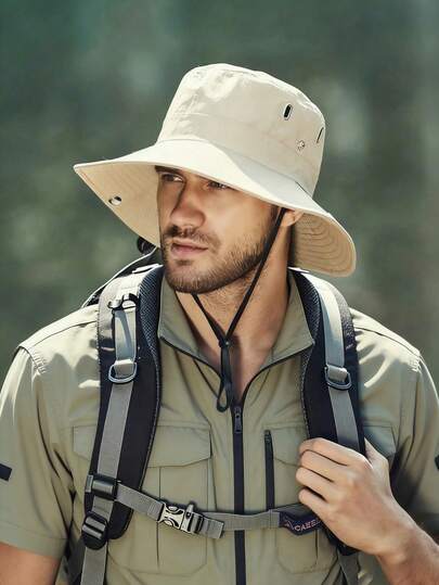 1顶纯色男士抽绳宽檐渔夫帽，修脸，时尚百搭，柔软舒适，适合春夏户外活动和骑行。