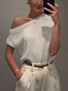 2026 Sommer Mode Damen Weißes Strick Asymmetrisches Schulter Kurzarm Top, Bubble Stoff, Kurzarm, Gerippte Strick Details, Rundhalsausschnitt Design, Perfekt für den Sommer - Weiss - Übersicht 2