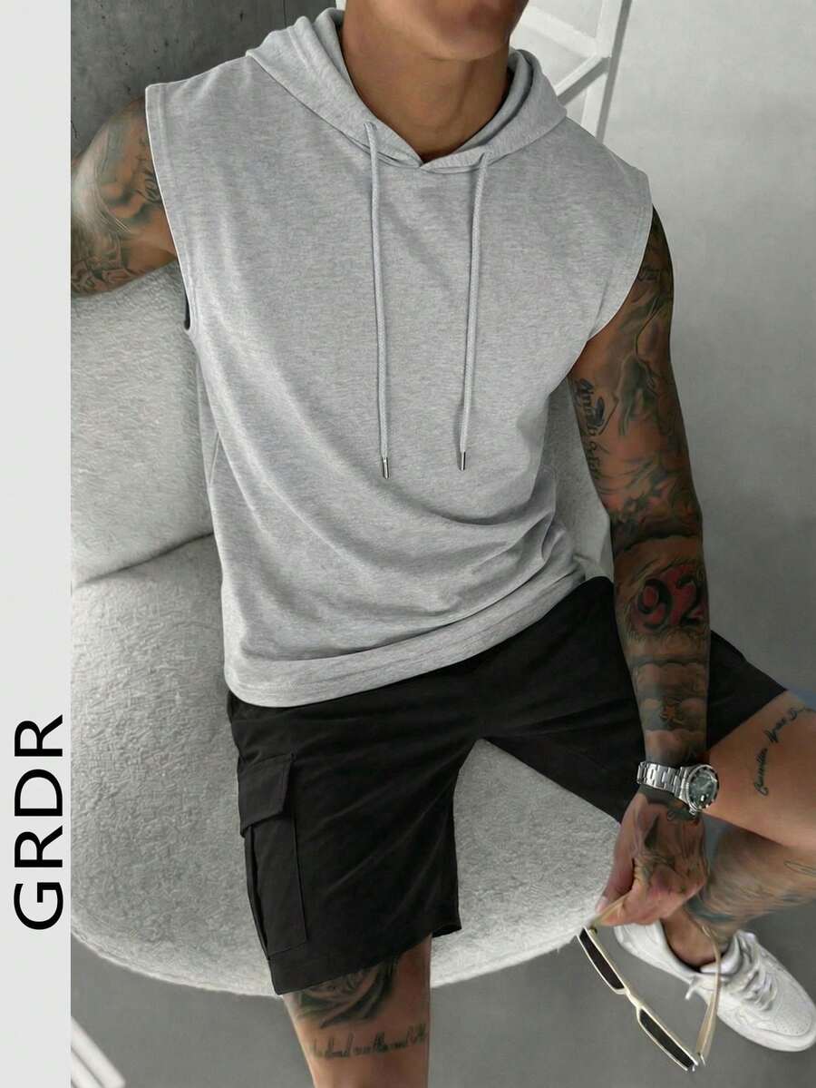 GRDR 1 pieza Chaleco con capucha sin mangas de unicolor para hombre, moda deportiva casual de verano - Gris Claro - Ver 1