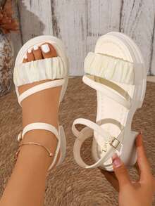 2026 New Pleated Vamp Beach Gold Buckle Home Casual Fashion Sandals, Lace Mesh Soft Wedge Thick Bottom Round Toe Leisure Sports Sandals, Countryside Vacation Sandals - Beige - View 2