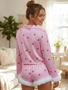 Women Spring Pajamas Set Striped Heart Furry Trim Long Sleeve Tops And Shorts 2 Piece Sleepwear Outfit - 紅色 - 查看 4