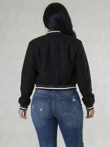 Plus Size Casual Varsity Jacket Long Sleeve Knitted Fabric Baseball Collar For Party - 黑色 - 查看 3