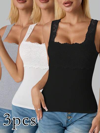 3 chiếc áo tank top không tay cổ vuông màu đen trơn dành cho nữ, viền ren trang trí.
