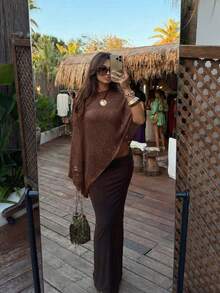 Women's Y2K Style Brown Knit Open Shoulder Top, Comfortable Loose Fit, Bohemian Sexy Beach Vacation Wear Summer - Red Coffee - View 5