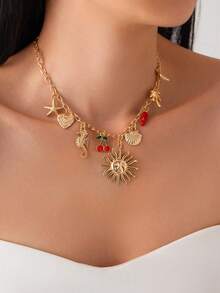 1件海洋假日几何细链金属向日葵、海星、贝壳、扇贝、海马流苏吊坠项链，优雅奢华，适合婚礼派对、海滩度假、日常休闲、街头风格，女士情侣假日生日百搭项链礼物 - 金色 - 查看 3