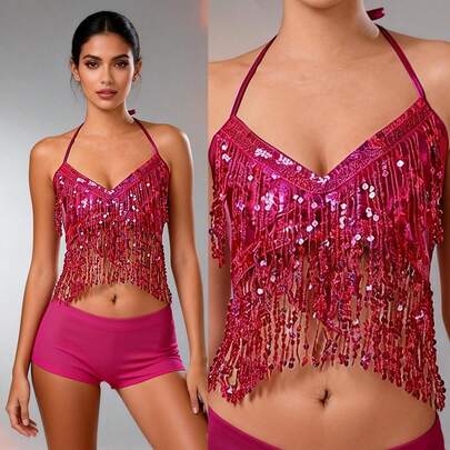 嘉年华亮片流苏服装套装，肚皮舞服装，亮片歌手露背街头酒吧服装，波西米亚风格，复古风格，适合节日、派对、夜总会、海滩，异域风情服装装饰