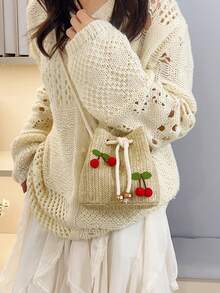 Túi đeo chéo vai họa tiết dâu tây thời trang mới, túi xách tay, túi công sở, túi xô dây rút, túi đeo vai họa tiết quả anh đào tối giản. - Màu Khaki - Xem 9