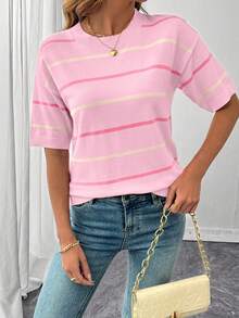 ASVIVID Apricot Striped Drop Shoulder Relaxed Fit Knit Top - Hồng - Xem 3