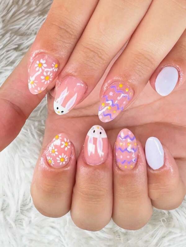 24pcs Short Round Press On Fake Nails Pink ​Short Nail Cartoon Rabbit And Flowers Fake Nails Easter Nails Nail Supplies