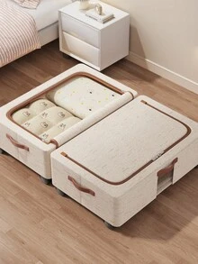 1pc Fabric Storage Box With Wheels, Foldable Portable Clothes Storage Bin, Removable Wheels, Dual Handles, Steel Frame Support For Wardrobe, Room, Dorm, Bedding, Bedroom Storage, Valentine's Day Gift & Decor - Beige - View 4