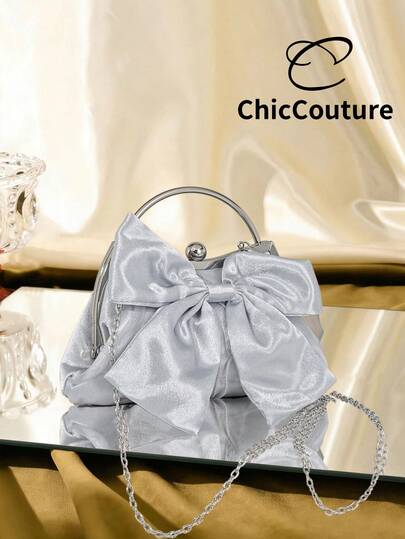 1pc Silver Elegant Bowknot Satin Handbag, Glitter Evening Clutch Bag Suitable For Women, Ideal For Cocktail Party, Wedding, Valentine's Day Date, Halloween, Christmas Ball, Formal Dinner, Perfectly Matches Wedding Dress, Formal Gown, Birthday Dress