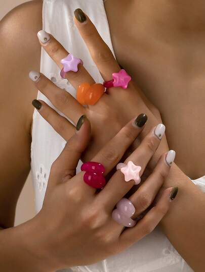 6pcs/Set Classic Acrylic Candy Color Transparent Chic Rings Set, Suitable For Gifts, Holidays, Friends, Girlfriends, Mothers, Festival, Mother's Day, Parties