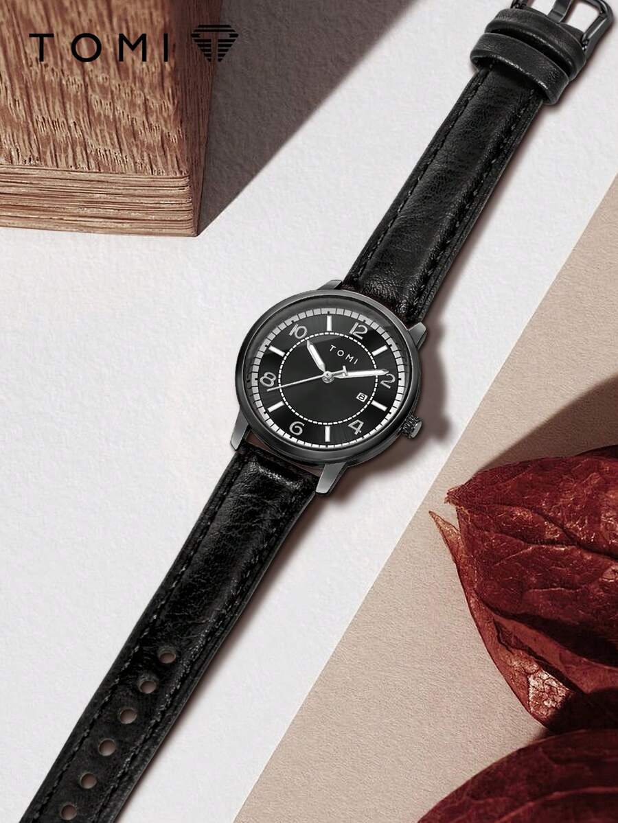 1件 TOMI 时尚罗马数字小表盘女士石英表，真皮表带，适合日常生活、节日、送礼、返校季、万圣节、情人节等场合。 - 黑色 - 查看 1