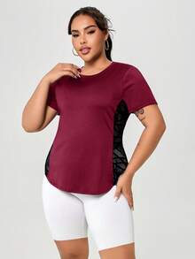 Camiseta de manga corta de mujer talla grande, casual y deportiva, con parches de malla, para verano - Burdeos - Ver 7